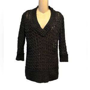 Y2K DKNY Jeans Black Knit 3/4 Sleeves Pullover V-neck Sweater Vintage Size M